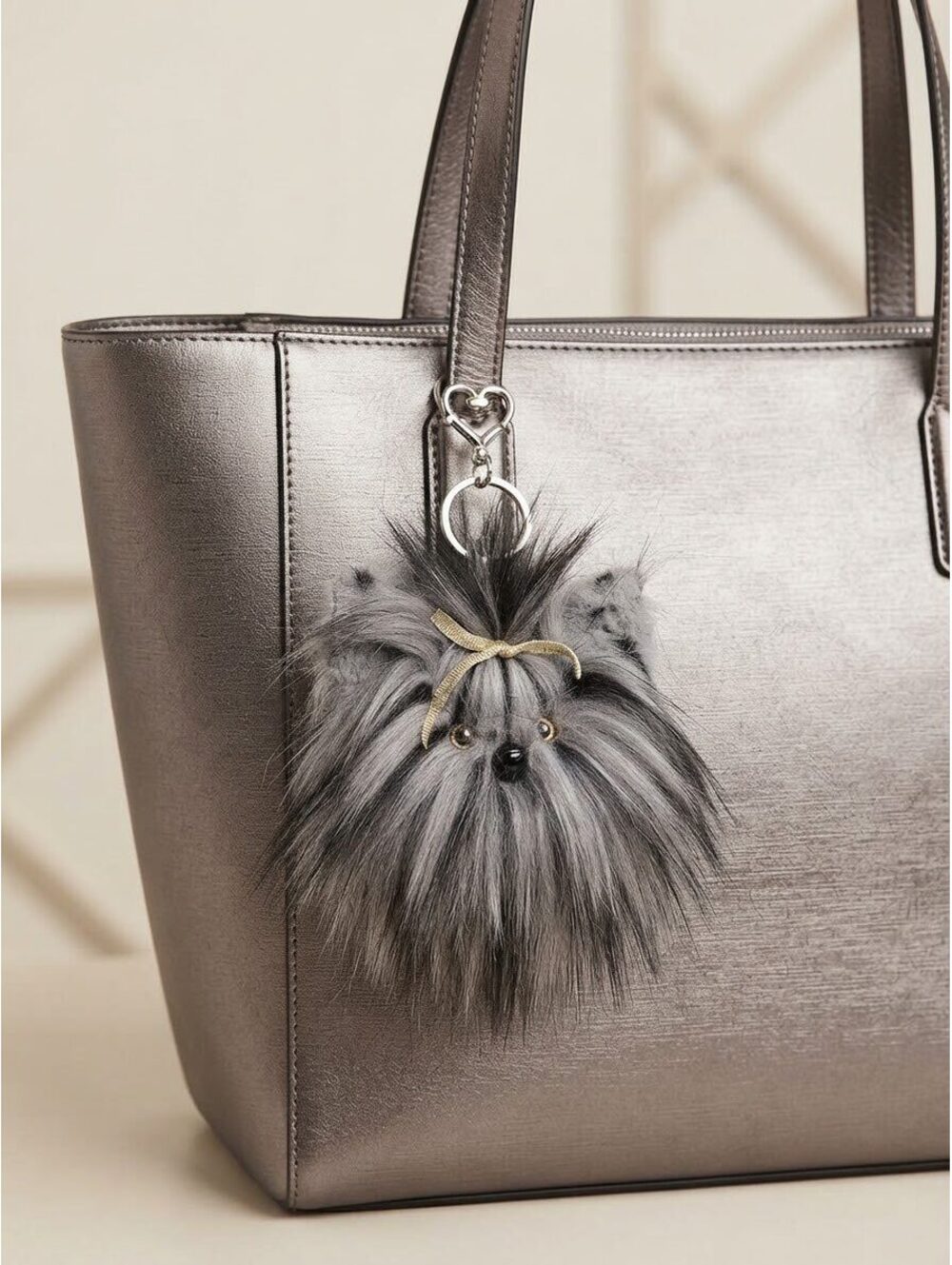 Gray & Black Puppy Keychain, Fluffy Animal Pom Pom Purse Charm, Key Ring